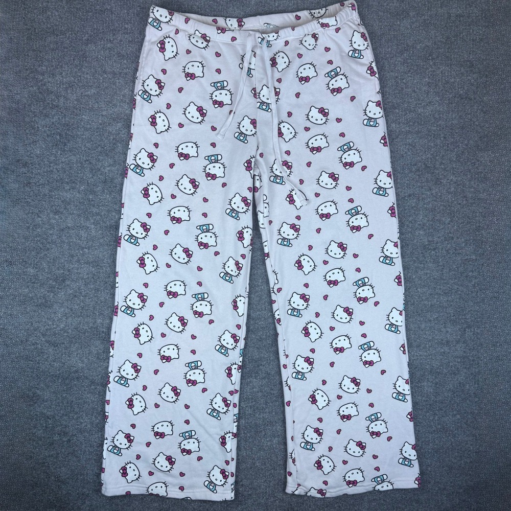 Hello Kitty Sweatpants Womens XL White Logo All Over Print Casual Drawstring Y2K